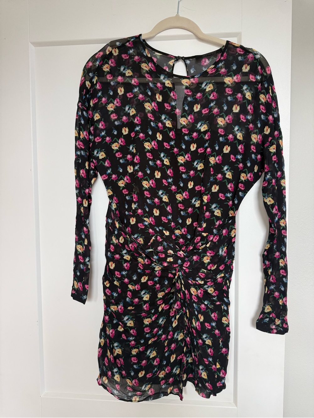 All Saints Black Floral Long-Sleeve Twist Waist Dress